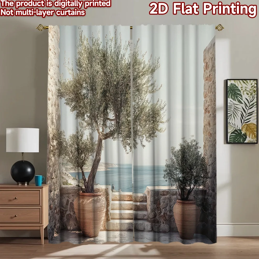 2D flat 2pcs Curtain French Romantic Style Olive Trees by Sea Digitally printed polyester, colorfast Party Decorations Use for