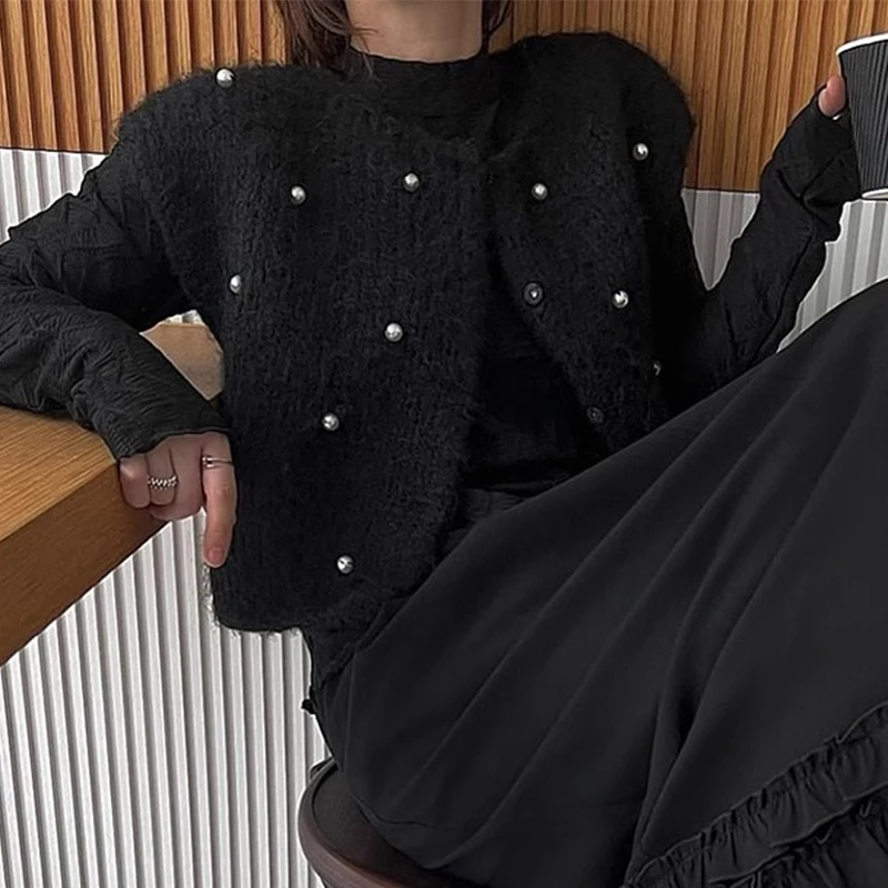 Chique outono inverno colete de malha pesado embelezado redondo ne solto outerwear feminino facionable commute sle sem marca