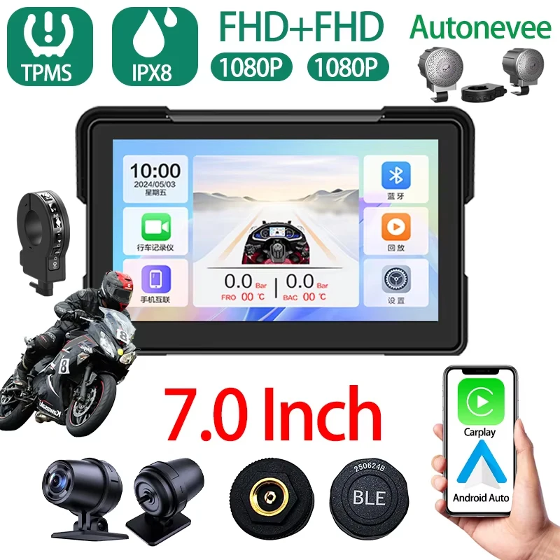 

7INCH Autonevee Motorcycle Carplay WaterProof WiFi Wireless Android-Auto DVR Monitor Dash Camera GPS Navigation TPMS Bluetooth