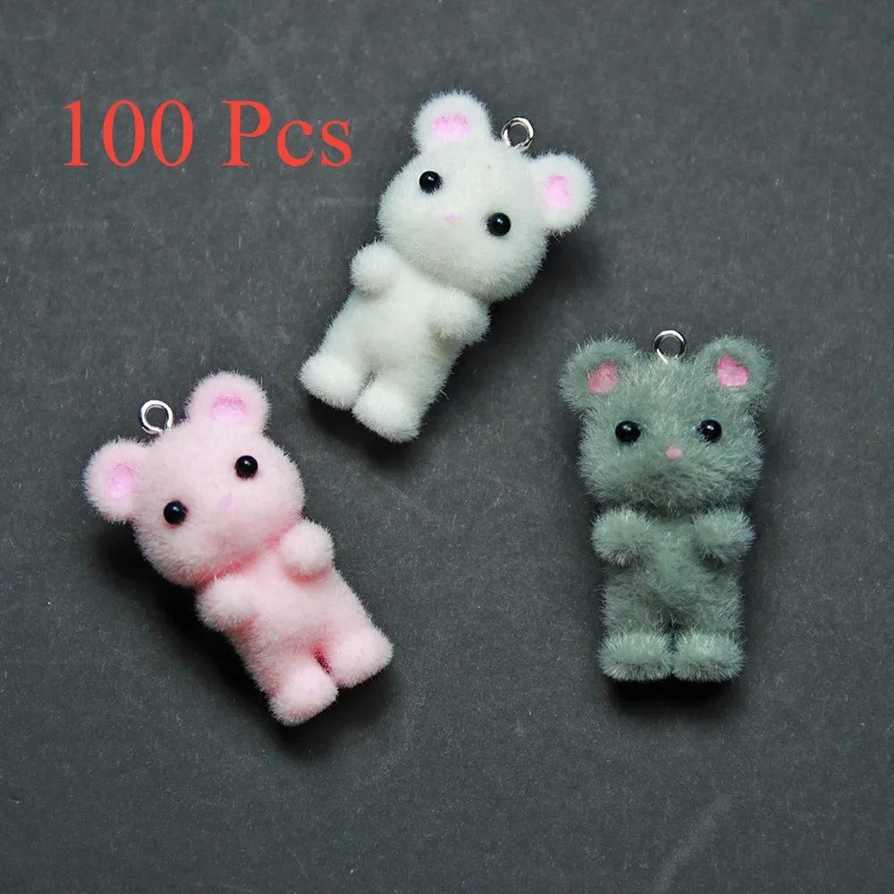 100Pcs 3D Mini Cute Flocking Mouse Charms Cartoon Stuffed Animal  Doll Resin Pendant Keychain Necklace Earring DlY Jewelry Make