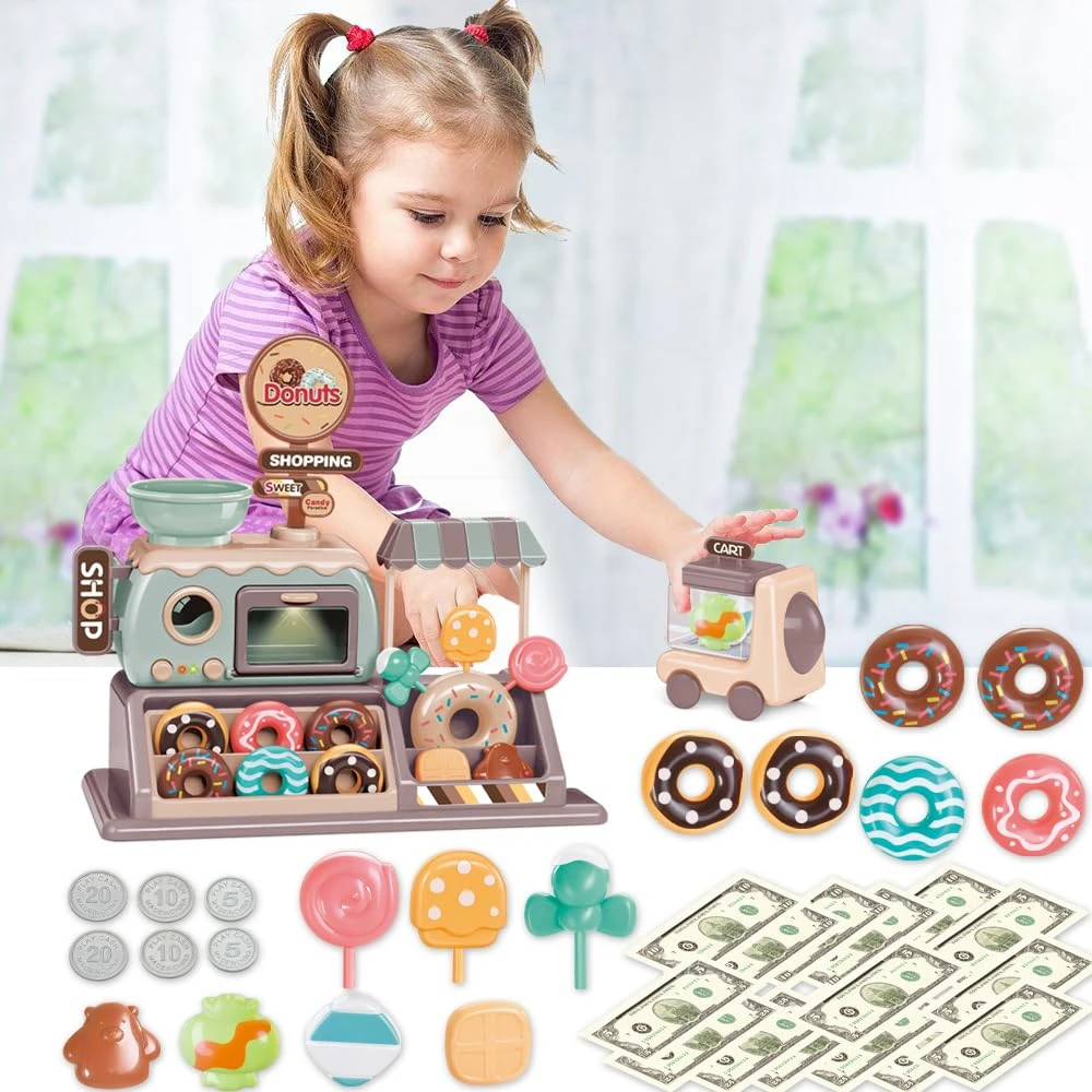 WizKidz Pretend Play Donut Toy Candy Store z realistycznym oświetleniem piekarnika i wózkiem dźwiękowym Zestaw edukacyjny Sklep na zakupy