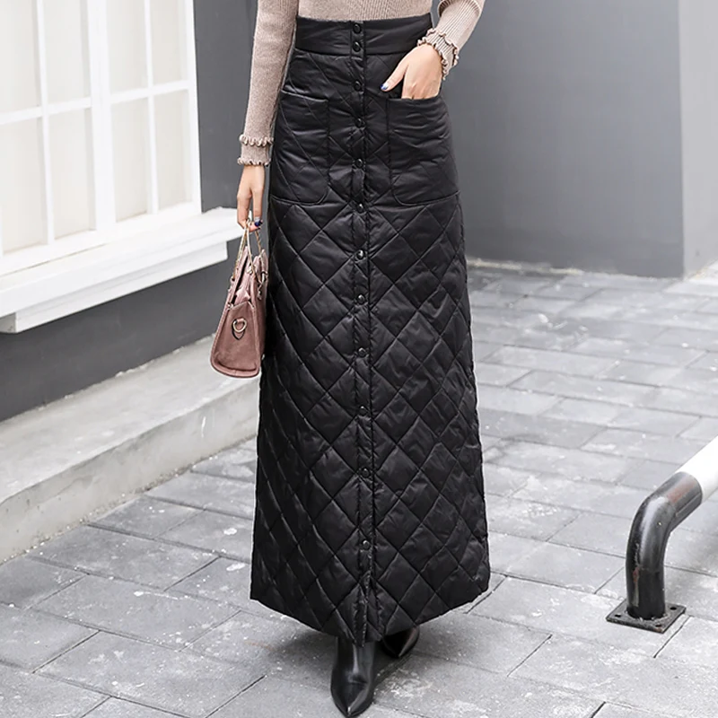 Black Plaid Down Cotton Plus Size High Waist Skirts Womens 2023 Winter Thick Button Loose Casual Long Skirt Fashion Streetwear