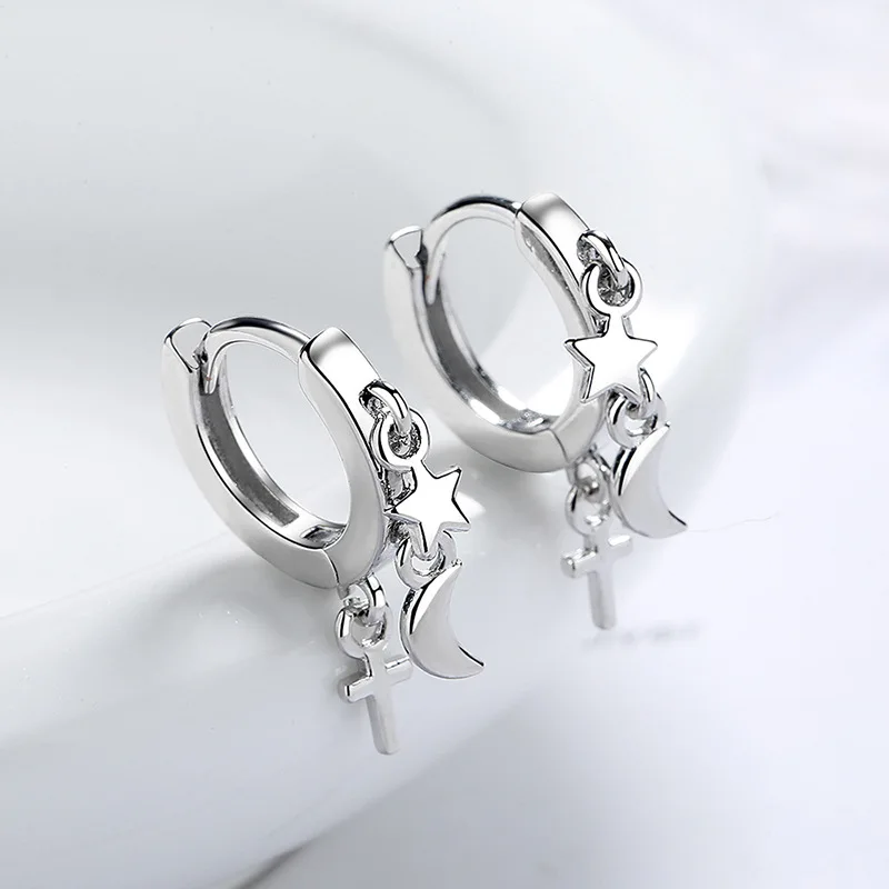 Religious Silver Color Star Moon Cross Charms Huggies Earrings for Women Girls Geometric Polygonal Small Hoop Earrings Punk Gift