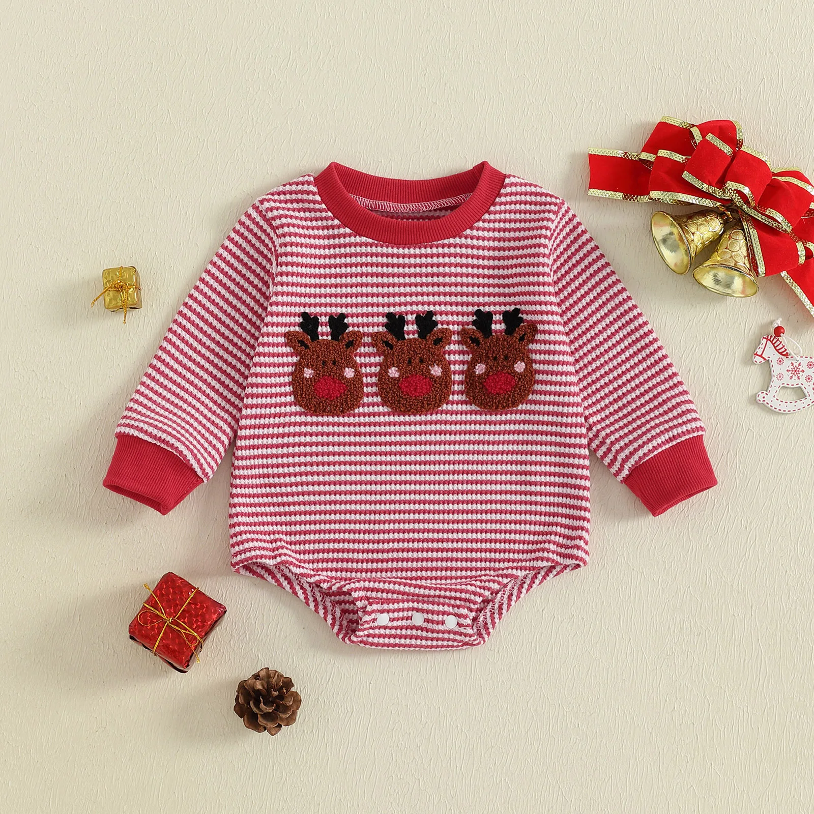 

2026 New Years Xmas Baby Boys Sweatshirts Rompers Christmas Clothes Deer Embroidery Stripe Long Sleeve Fall Bodysuits Jumpsuits