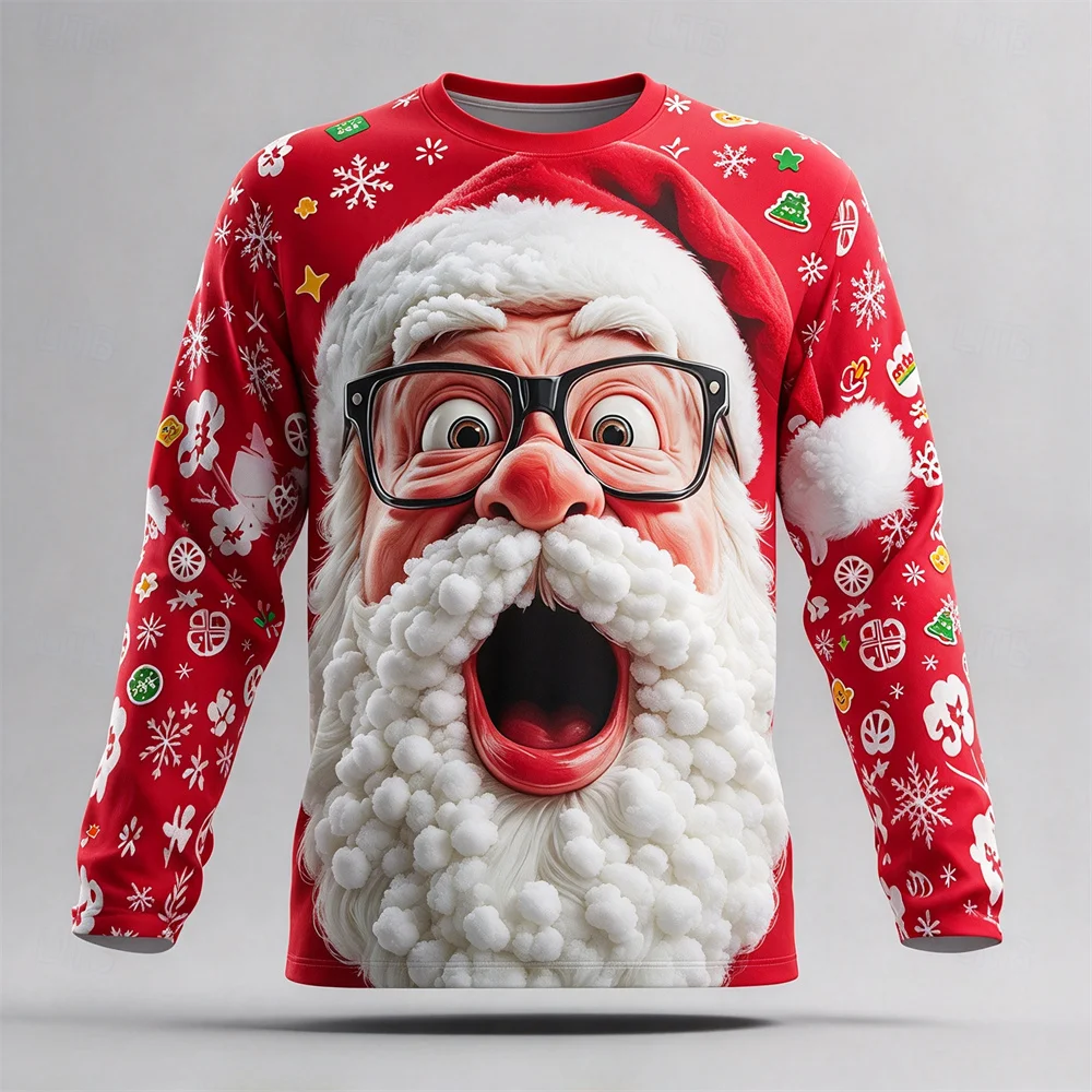 Winter Men Ugly Christmas Long Sleeve T-shirt Full Print Santa Pattern Soft Cotton Tee Xmas Party Costume Holiday Gifts For Male
