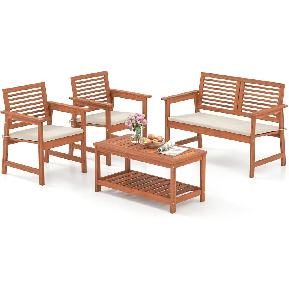 

4-Piece Solid Wood Patio Furniture Set with Seat Cushions and 2-Tier Coffee Table, Ideal for Outdoor, Pool, Yard, and Porch