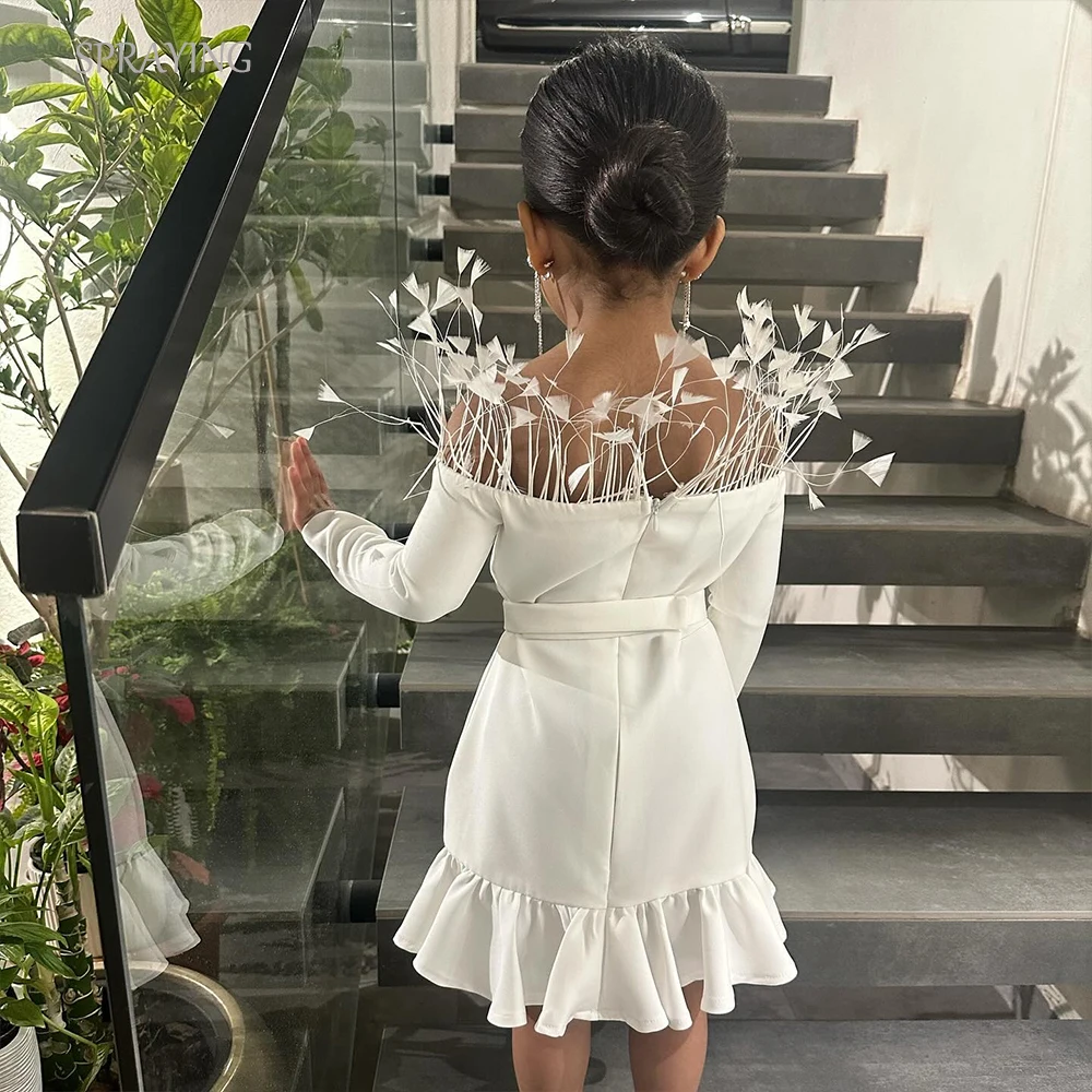 SPRAYING Evening Dresses for Children Boat Neck Full Sleeves Girl Dresses Knee-Length Pleat Ruffle Birthday Shooting Dress