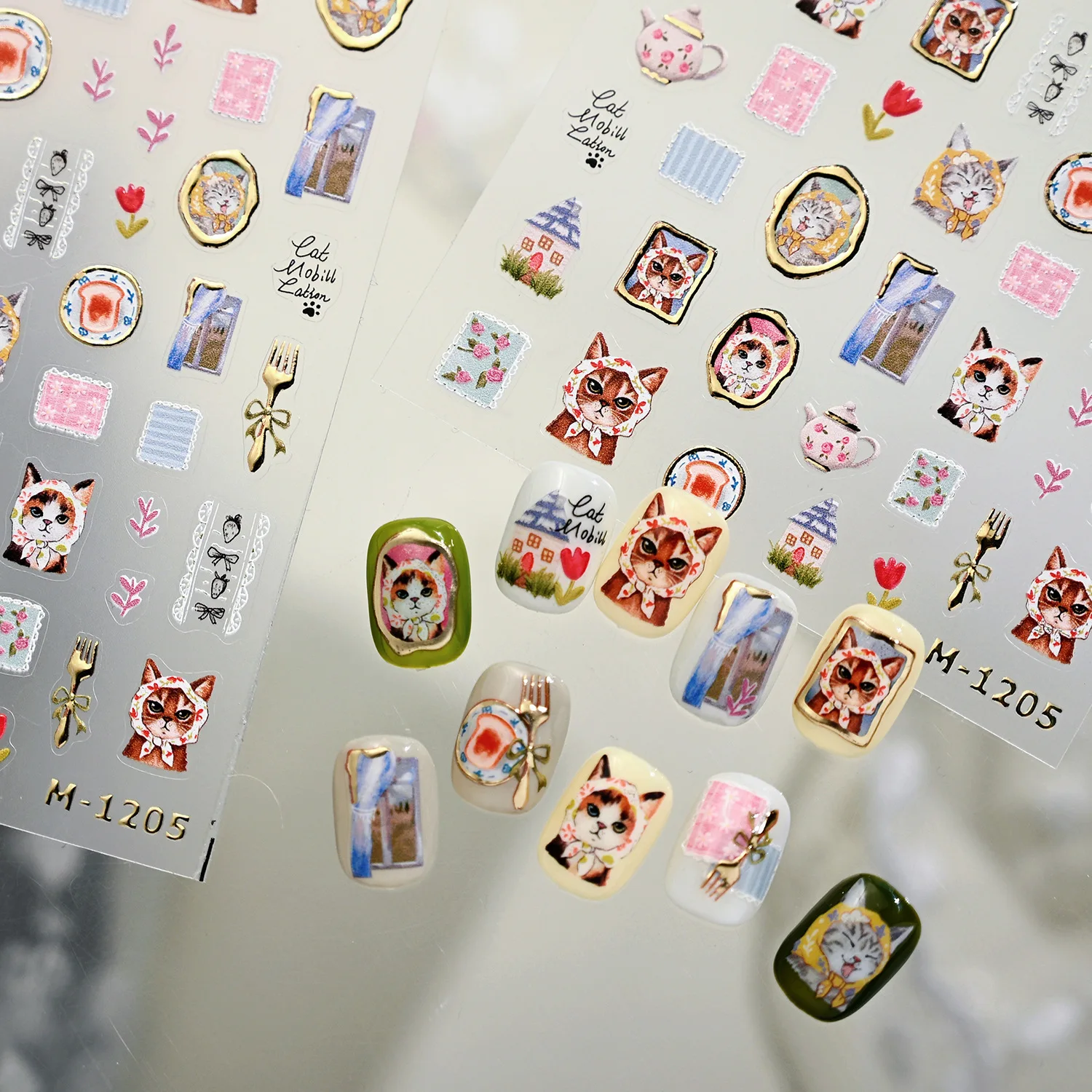 สติกเกอร์ติดเล็บลายปั๊มร้อน ลายผ้าโพกศีรษะ ลายแมว ลายกาน้ำชา ลายส้อม ลายดอกทิวลิป ลายเสือดาว สีส้ม สีดำ ลายลูกแมว ลายอุ้งเท้าปลา สำหรับตกแต่งเล็บ