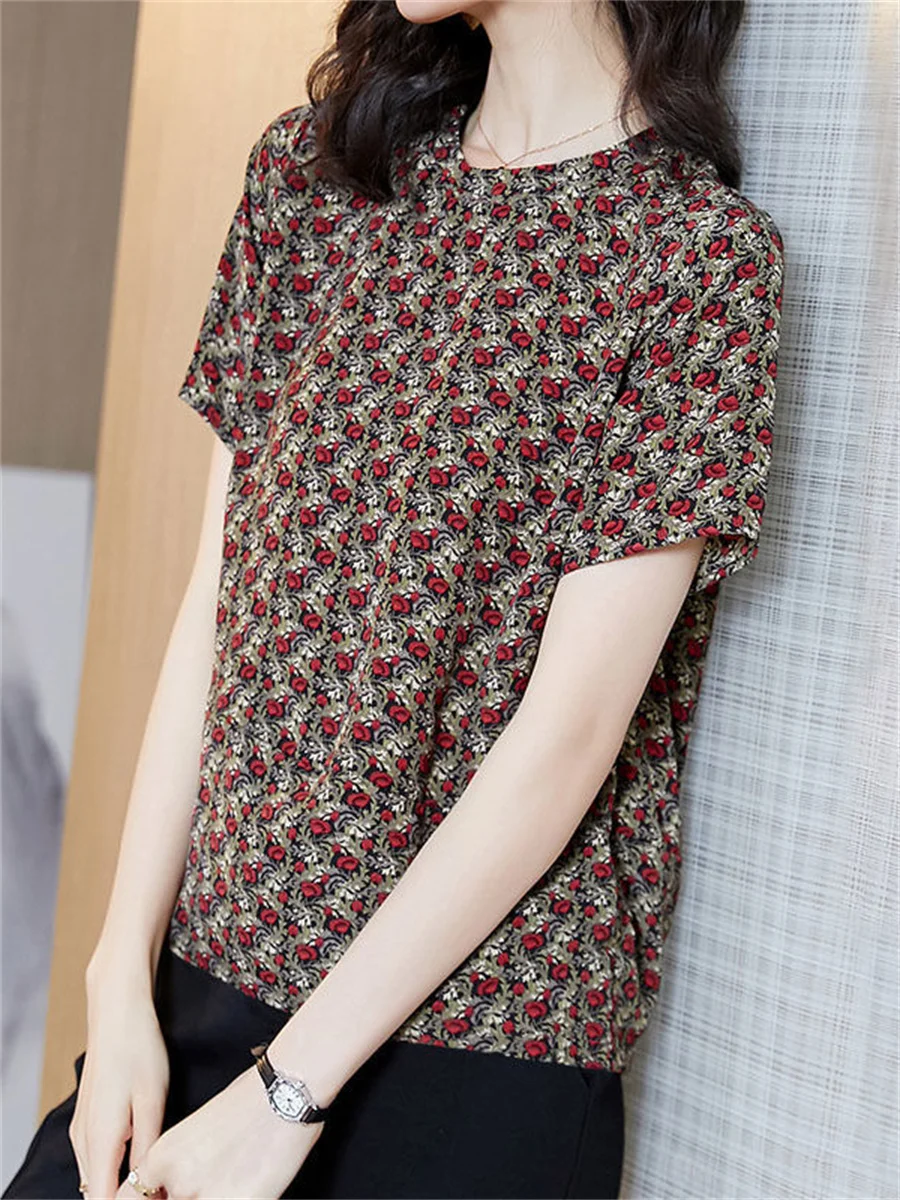 Women Spring Autumn Blouses Shirts Lady Fashion Casual Short Sleeve O-Neck Collar Rose Flower Blusas Tops WY0504