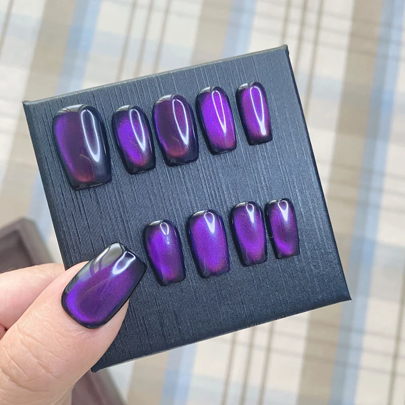 10PCS Handmade Acrylic Cat Eye Press on Nails Glitter Reusable Square Short False Nails Elegant Oval Artificial Manicure Tips