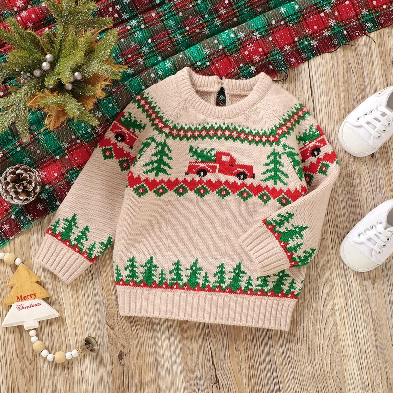 

0-3T Toddler Baby Boy Christmas Sweaters Warm Long Sleeve Round Neck Truck Print Embroidery Knit Pullovers Infant Jumper Tops