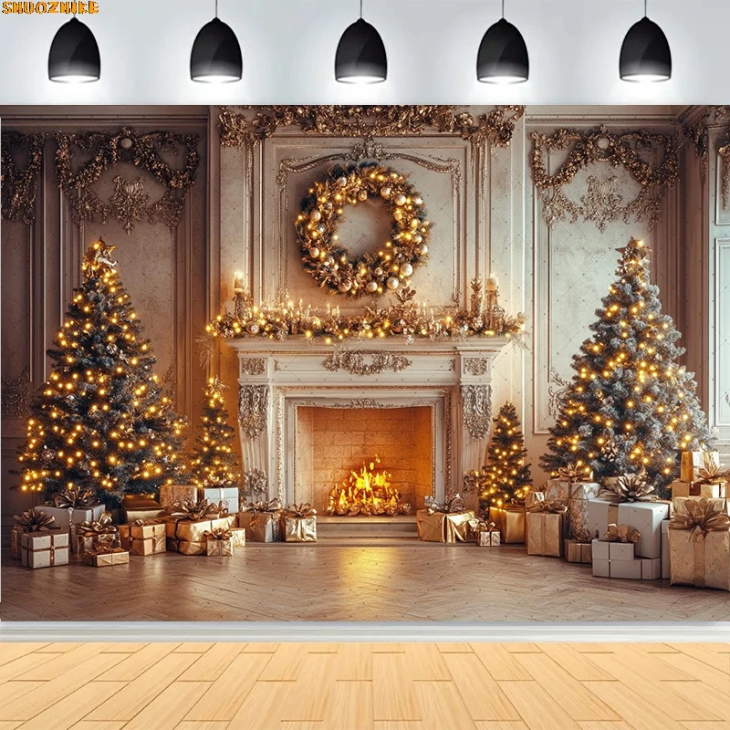 

Christmas Day Wreath Family New Year Party Photography Backdrops Prop Window Living Room Xmas Tree Gift Snow Background WD-32
