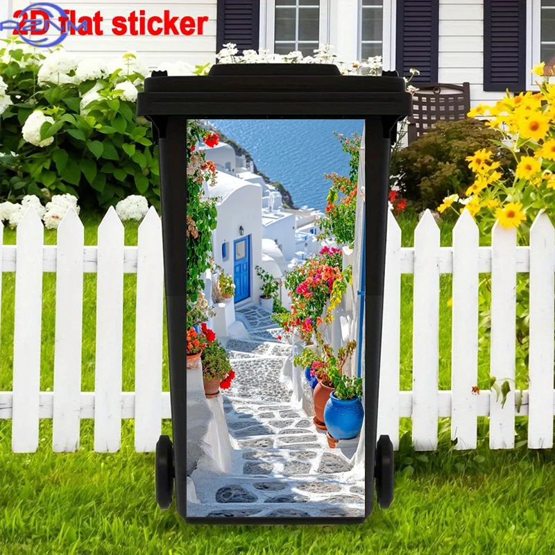 Santorini Inspired Trash Can Stickers Art, Aegean Architecture Peel And Stick Stickers, Bright Blue Doors Self-Adhesive Art St