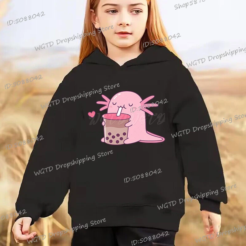 Cute Axolotl Drinking Bubble Tea Hoodie Kids Funny Cartoon Clothes Girls Anime Hooded Boys Fashion Long Sleeve Axolotl Tracksuit