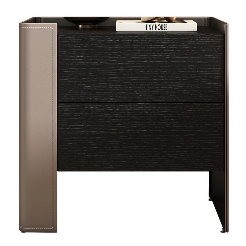 

Italian minimalist saddle leather bedside table solid wood light luxury bedroom bedside table