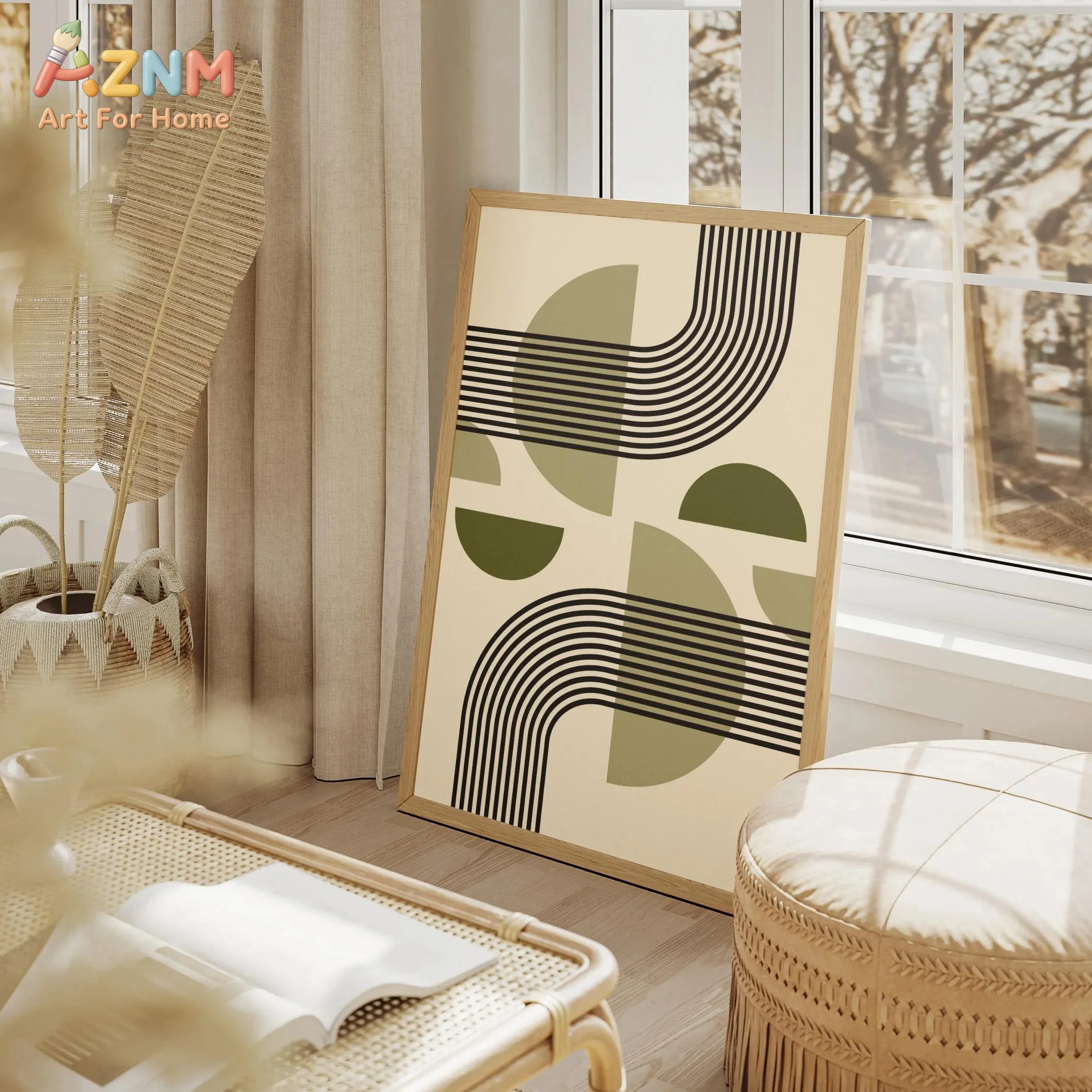 AZNM Sage Green Boho Geometric Canvas Wall Art Mid Century Modern Line Arch Abstract Shapes Unframed Canvas Print Neutral Living