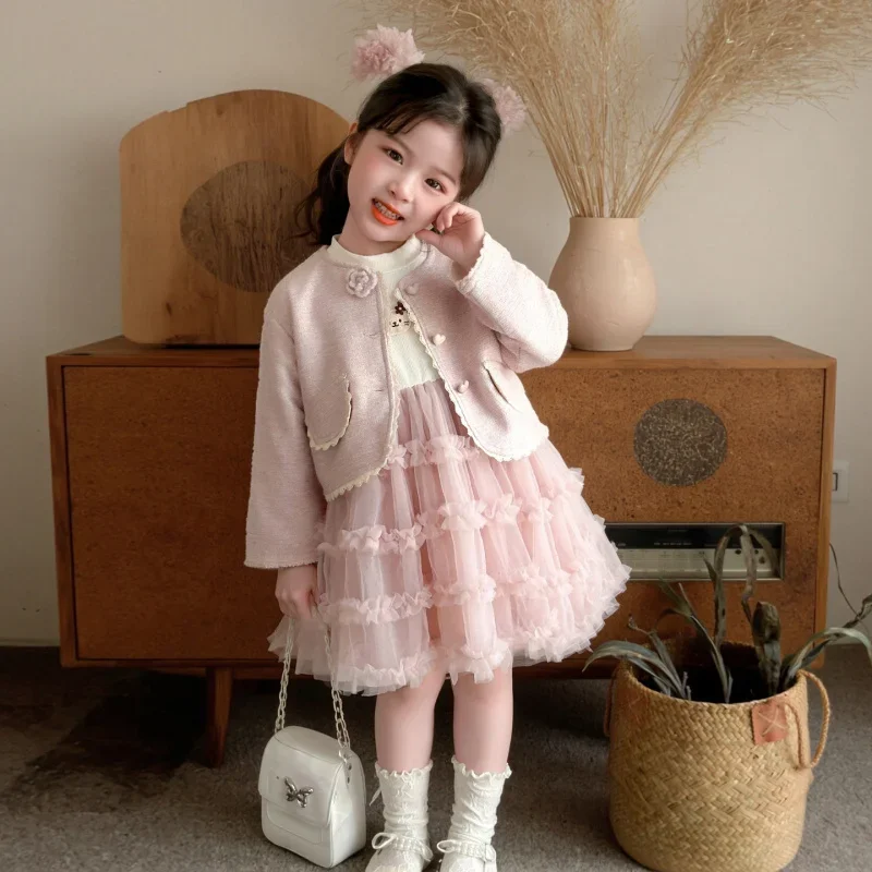Girls Spring and Autumn New Korean Style Fashion Flower Pink Puffy Casual Two-piece Set