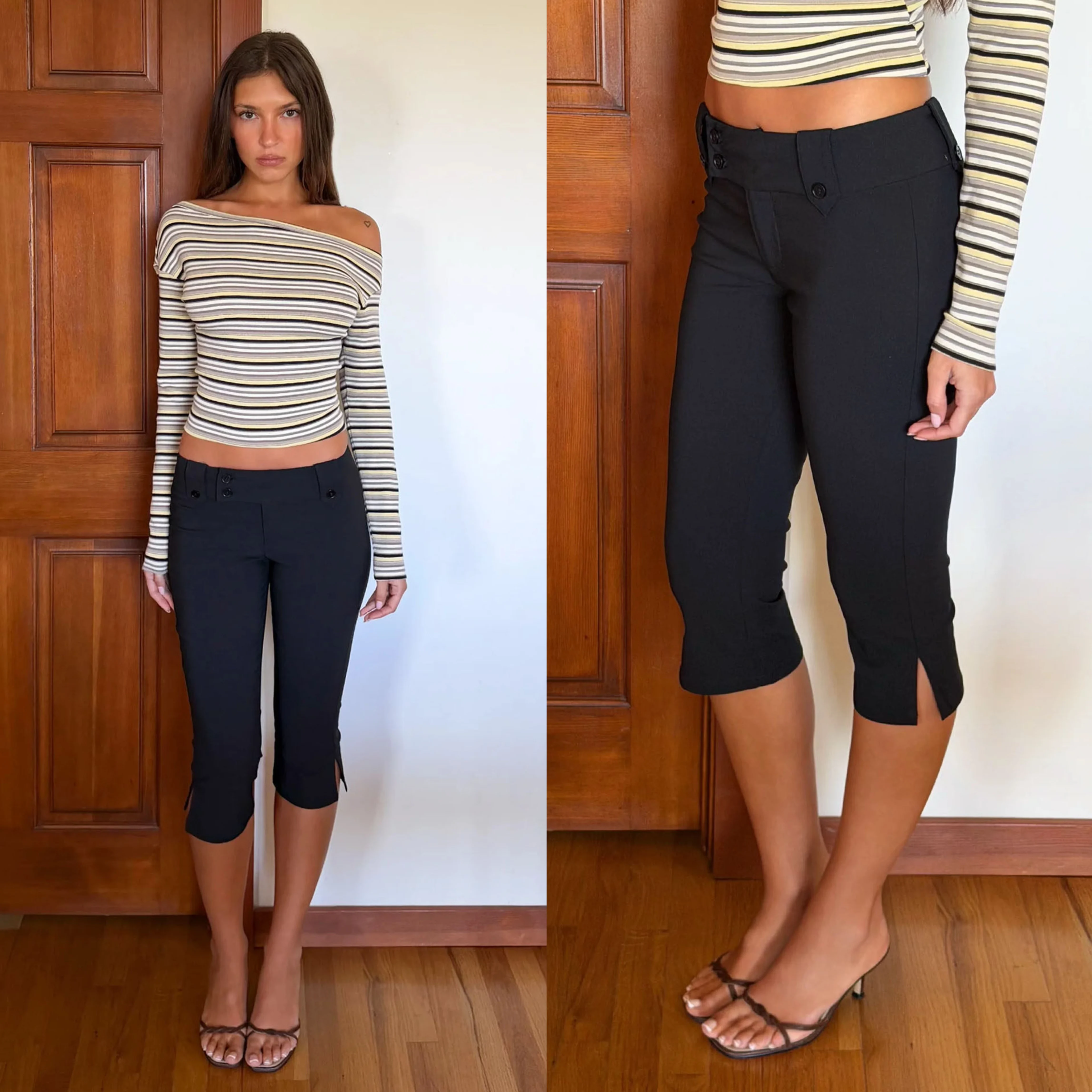 Honey Retro Low-Waist Black Cropped Pants, Slimming and Versatile for Work, Black Split-Front Casual Pants,