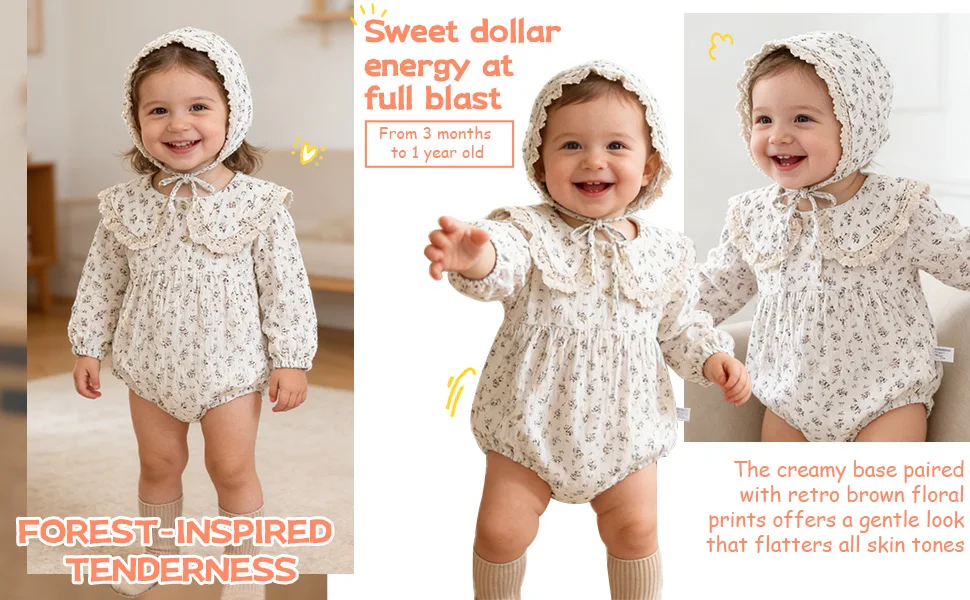 Baby-Mädchen-Strampler mit Blumenmuster, Spitzen-Peter-Pan-Kragen, Langarm-Bubble-Body mit Haube, Weiches, Atmungsaktives Outfit für Frühling und Herbst – Detail 1