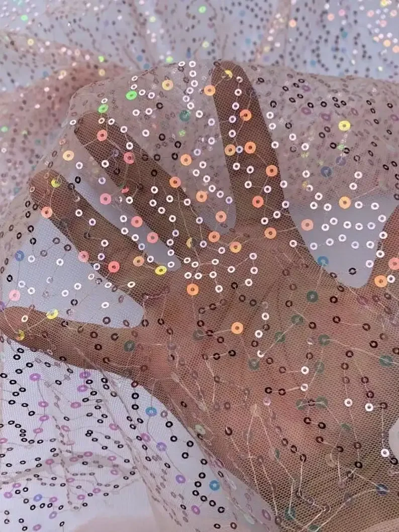 3 Colors colorful sequin Embroidery Lace Fabric sequin Pink green beige tulle fabric For Bridal Wedding   Fabric 51" width