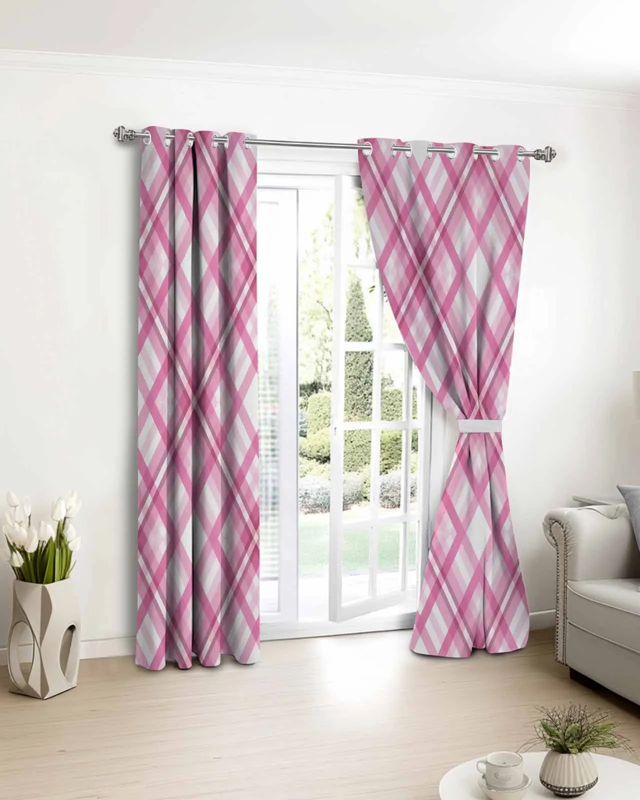 

2 шт., 1 панель, простые розовые, белые клетчатые полиэстеровые оконные шторы для гостиной, кухни, спальни, шторы