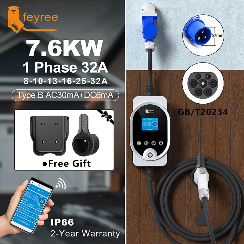 Feyree GB/T Presa EV Caricatore 7KW 32A APP regolabile Versione Bluetooth Set Tempo di ricarica EVSE Scatola di ricarica per veicoli elettrici