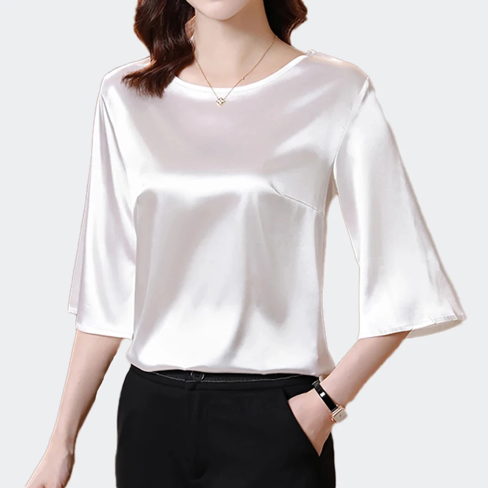 New Summer Loose Satin Shirts Women Vintage Split Sleeve O-Neck Women Blouses Simple Fashion Female Casual Tops Elegant Clothing