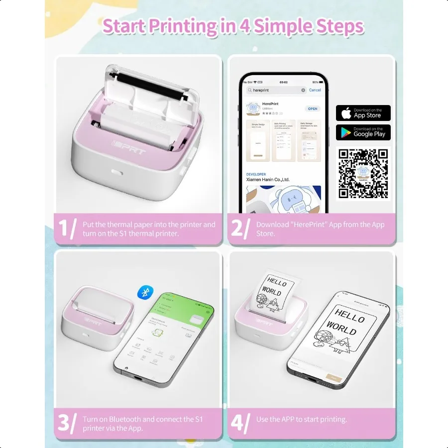 Pembuat Stiker Printer Termal Portabel dengan 1 Rol Kertas Stiker Bluetooth Printer Mini Pembuat Label untuk Catatan DIY Belajar Mi