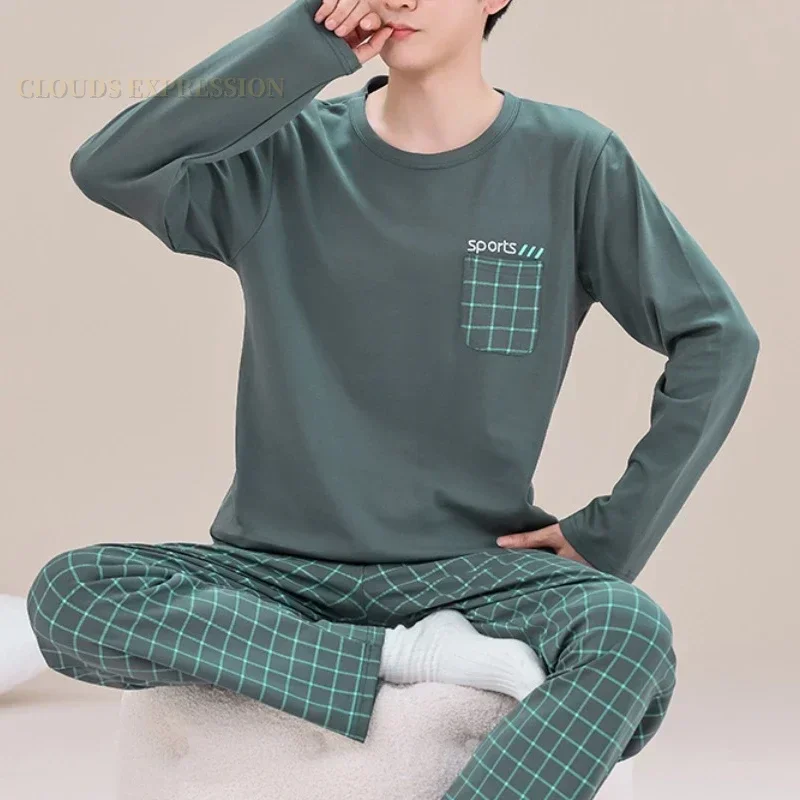 Spring Autumn Big 5XL Knitted Men Sleepwear Clouds Printting Pajamas Sets Casual Pjs Male Loungewear Pyjamas Nightwear Fashion