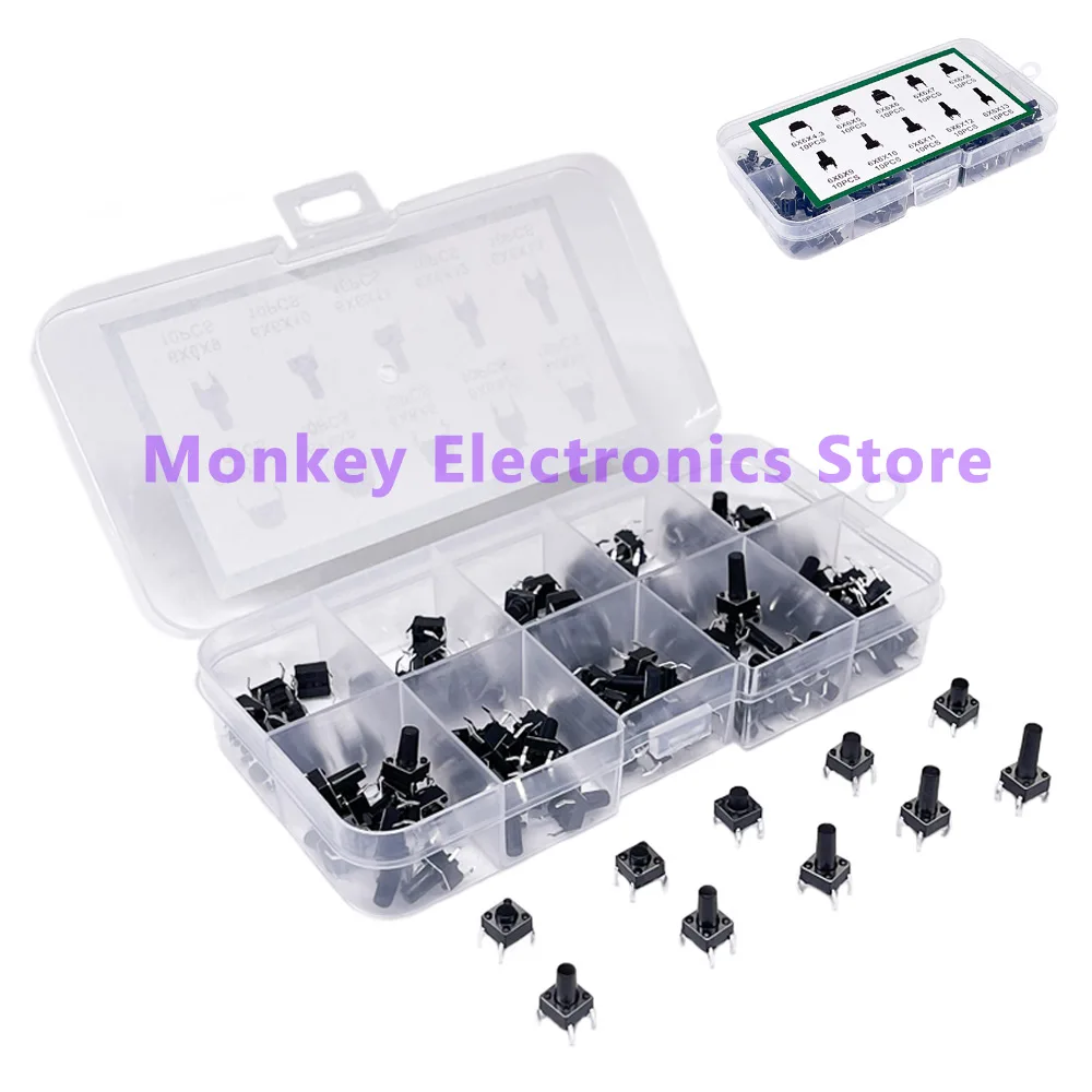 100/180/200pcs 10Models 6X6 Tact Switch Tactile Push Button Switch Kit Height 4.3 5~13MM DIP 4P Micro Switch7*7*14 Self-lockin