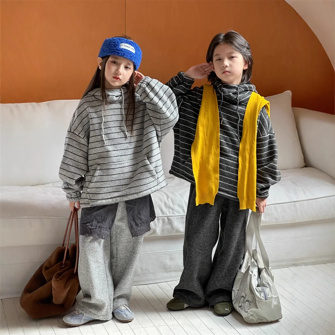 Suit 2026 Autumn Winter New Childrens Clothing Korean Boys And Girls Fashion Alpaca Velvet Striped Hooded Hoodie Two-piece Set