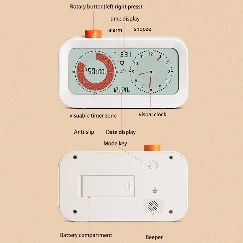 Digital Productivity Visual Timer Count Up/Down Function Alarm Calendar Display Clock Snooze Setting Sound Reminder Kids Time