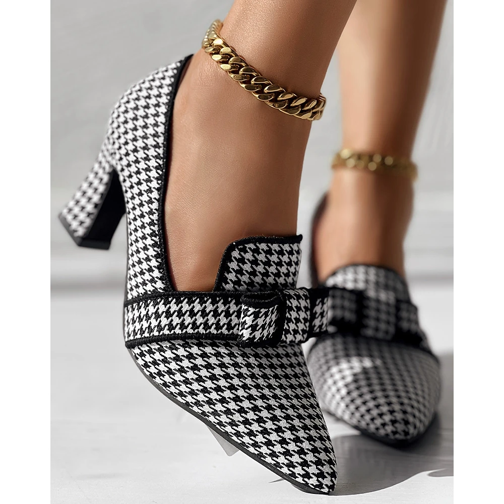 

Women Houndstooth Pointed Toe Bowknot Decor Turkey Pumps Autumn Daily Casual Mid Heel Shoes 2024 Korean Style Spring Autumn