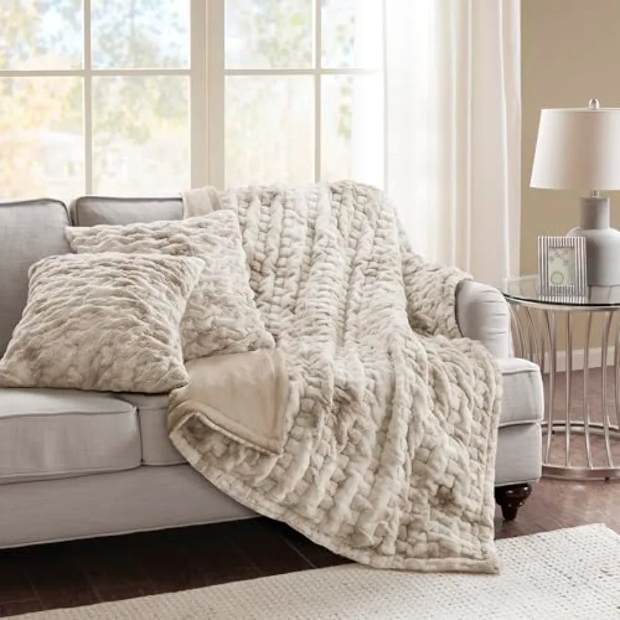 

Ruched Faux Fur Plush Throw Blanket and Pillow Set with 2 Matching Square Pillow Covers Sofa Throw Blanket for Living Room Chai