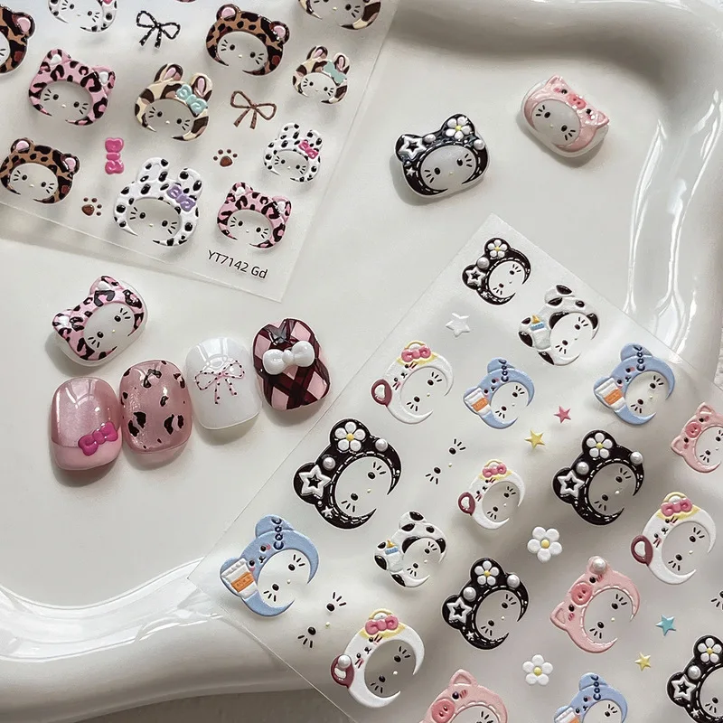 Gato dos desenhos animados kt fone de ouvido pérola geléia bonito leopardo impressão decorativa arte do prego adesivos alto valor estético brinquedo & hobby adesivo