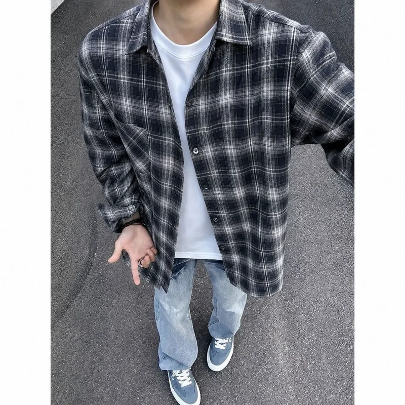 Unisex Plaid Long Sleeve Shirt Loose Casual Thin Couple Shirts Button Down Blouse For Spring Summer Autumn