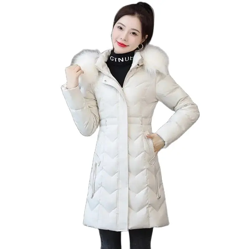 New Slim Long Winter Jackets Fashion Women Cotton Padded Parkas Stand Hooded Detachable Fur Collar Solid Female Casual Coat 2024