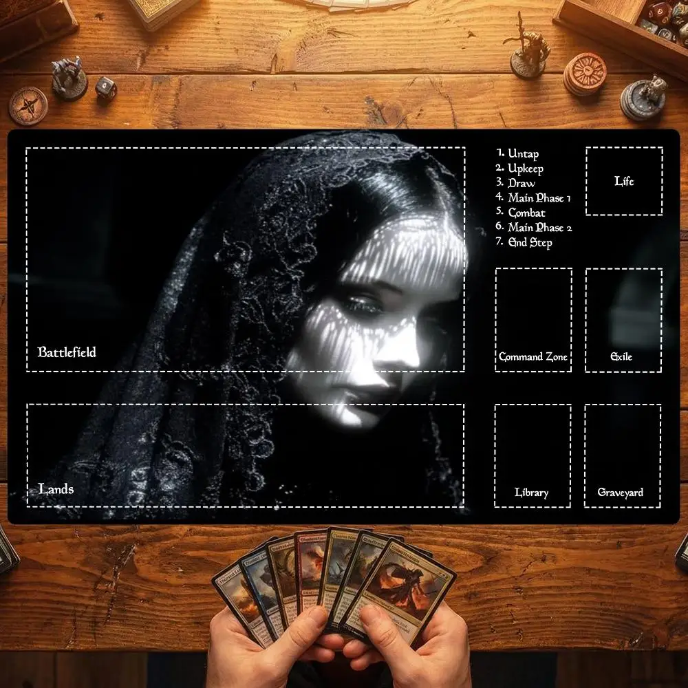 Dark Gothic Veiled Lady TCG Playmat 35X60CM Shadow Lace Veil Scene Card Battle Mat Non‑Slip Durable Stitched Edge Playmat