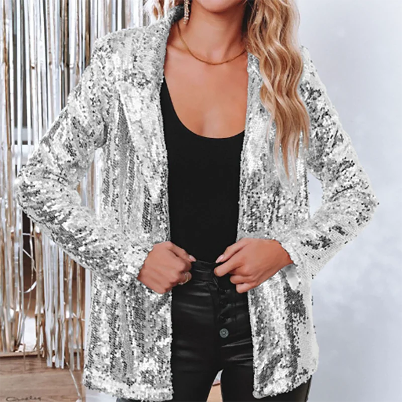 Party Fashion Sequins Glitter Club Coats 2024 Female Winter Long Sleeve Open Jackets Women Elegant Notch Collar Slim Outwear