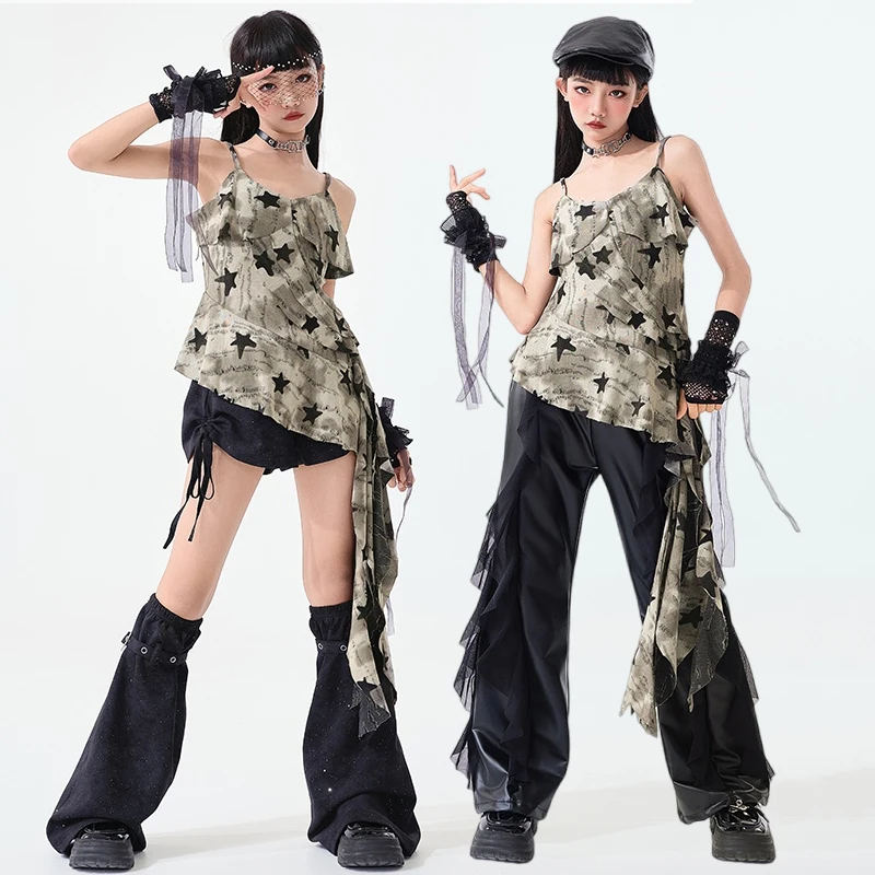Neue Kpop Dance Bühne Kostüm Mädchen Jazz Leistung Outfit Sling Top Schwarz Shorts Kinder Mode Kleidung Street Dance Tragen AMY2235