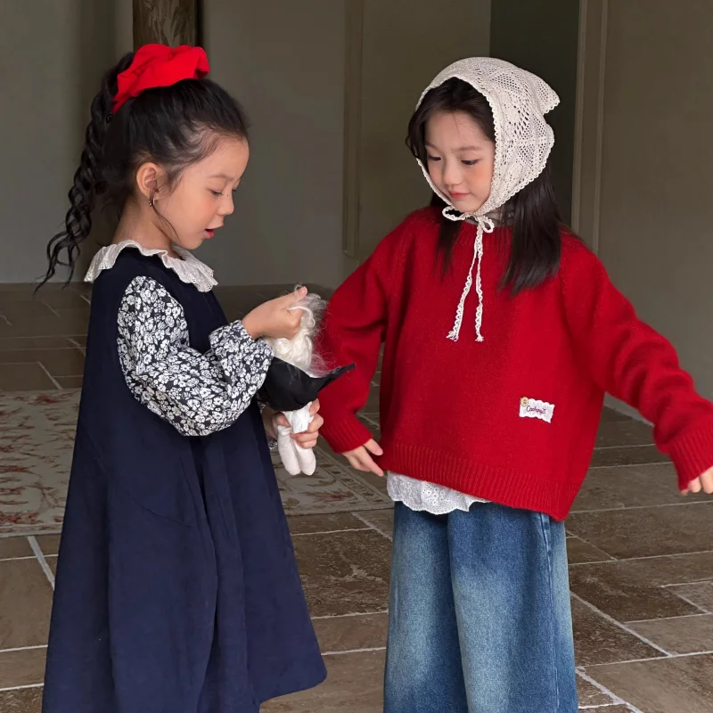 

Young Girls2025Autumn New Angora Red Stylish Simple Casual Knitted Sweater Top Outerwear Set