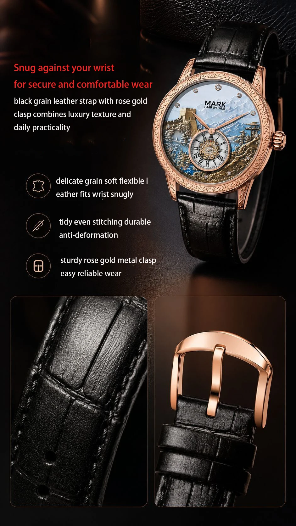 Men's Automatic Great Wall Mechanical Watch Luminous Skeleton Two Hands Small Second Sub Dial 30M Water Resistant 43MM Large Dia