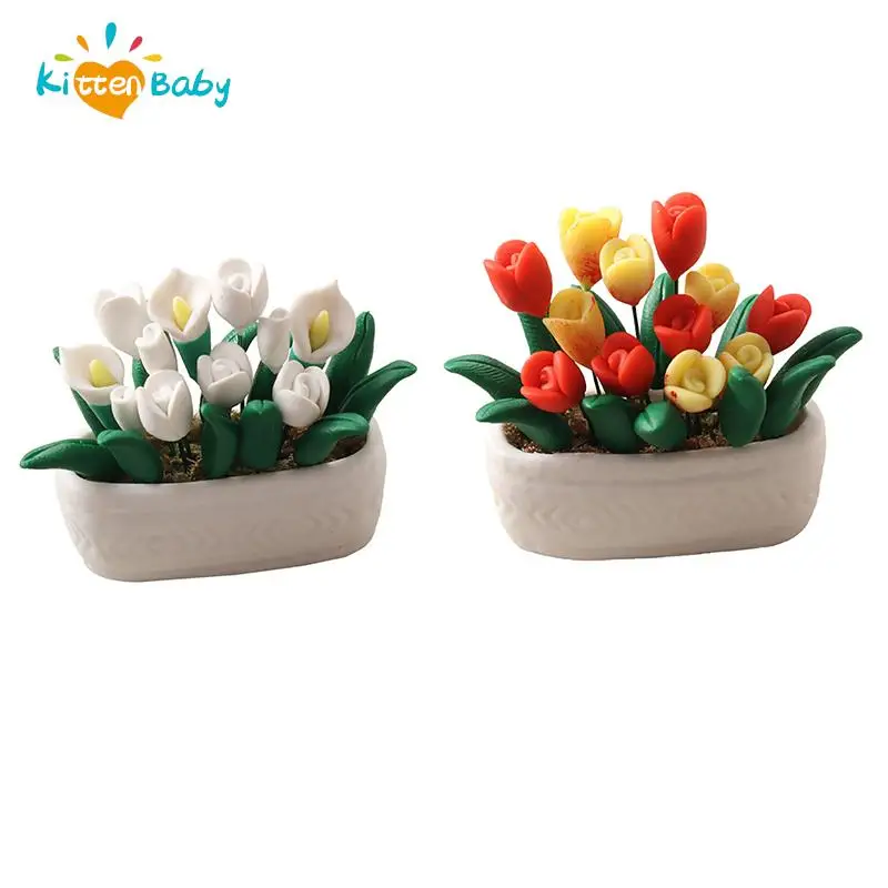 1/12 Dollhouse Miniature Accessories Mini Tulip Potted Plant Simulation Garden Flower Model for Doll House Decoration