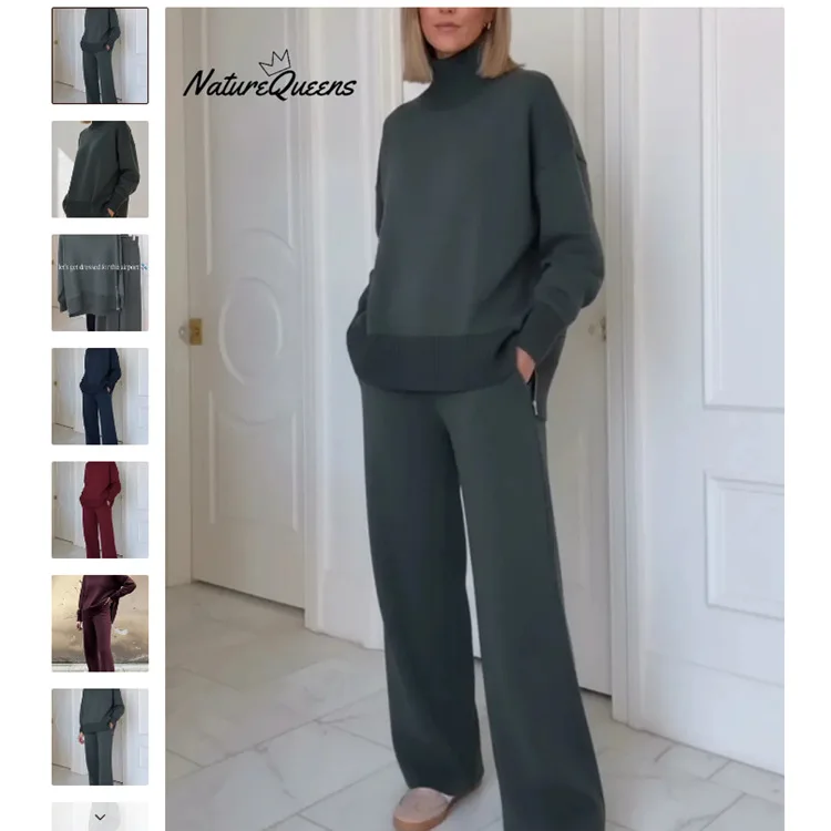 

2026 New Fashionable Knitted Sweater Wide Leg Pants Two-piece Sets Women Spring Casual Loose Top And Pants Suit For Women