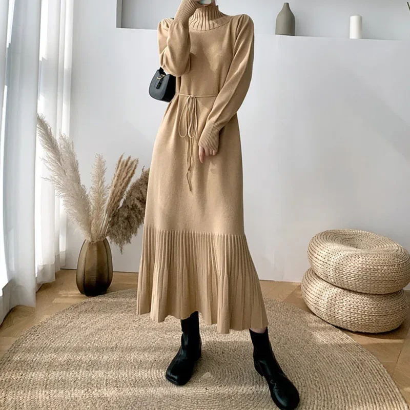 Women Long Sweater Dress Kintted Turtleneck Spring Autumn Winter Crochet Loose Maxi Warm Jumper Dresses Y2k High Waist Vestidos