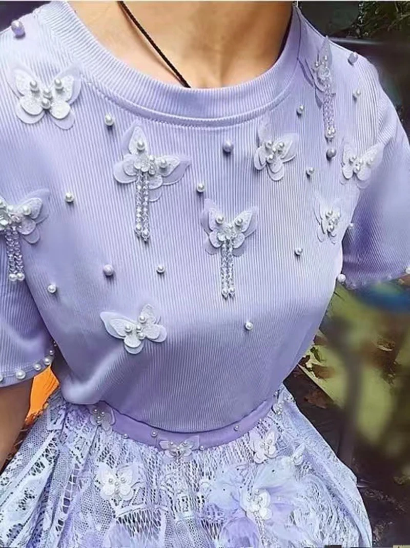 Luxury Style Beaded Butterfly Tassel Knitted Tshirt Women Ice Silk T-shirt Tops Tees Woman Clothing