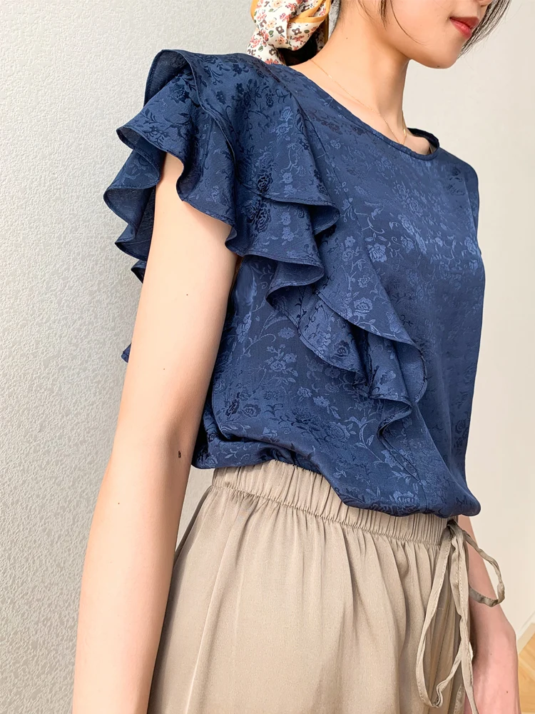 Women Shirt 100% Mulberry Silk jacquard Crew Neck ruffles sleeve Top Blouse  M L XL JN676