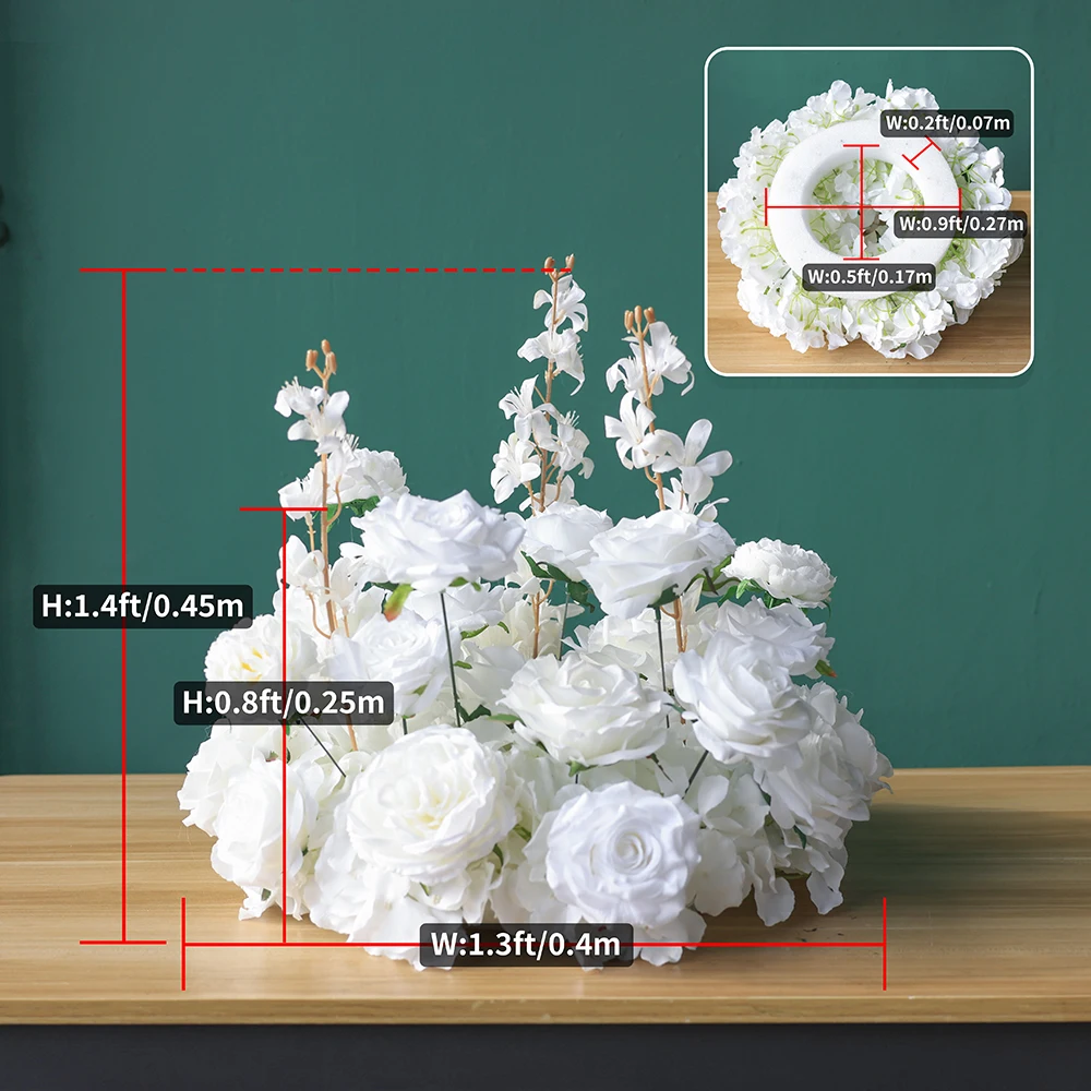 كرة زهور صناعية للزواج ، قطع مركزية للزفاف للطاولات ، وردة بيضاء مخصصة ، دعائم ترتيب الأزهار ، جودة عالية ، HY2331