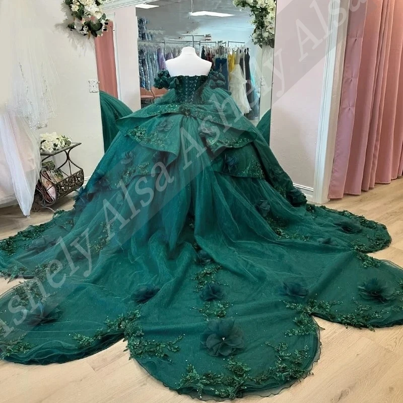 تخصيص الزمرد الأخضر النساء فساتين لحضور الحفلات الموسيقية الأزهار زين الكرة ثوب Vestido De xv Anos 15 16 سنة فتاة Quinceanera حفلة AQ281