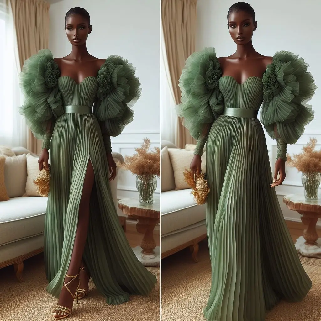 Fairy Mint Green Pleated Evening Dresses Ruffled Floral Long Sleeves African Wedding Party Dress Aso Ebi Formal Occasion Gowns